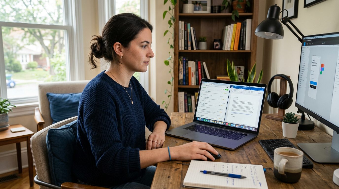 Freelancer reviewing a generated application draft on a laptop next to a list of matched gigs